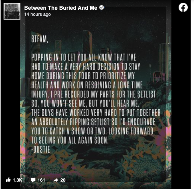 Guitarist to Miss Upcoming Between The Buried And Me Tour