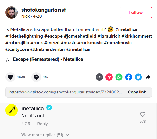 Metallica Remind a TikTok User They Still Hate “Escape”