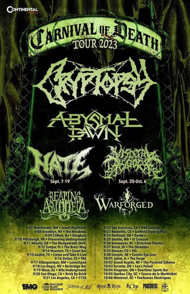 Cryptopsy Unveil “Carnival Of Death Tour” with Abysmal Dawn, Reaping Asmodeia, Warforged and More
