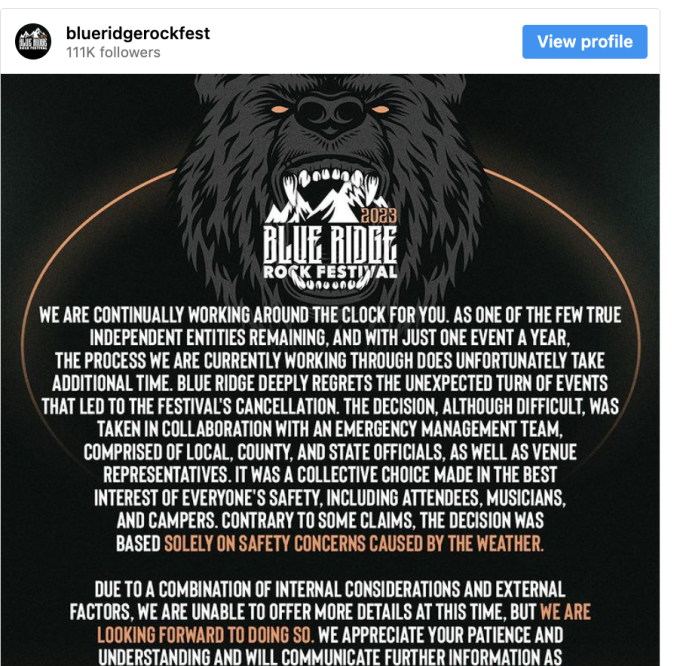 Blue Ridge Rock Fest Releases Statement