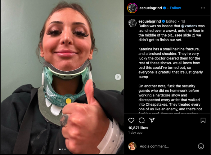 Escuela Grind Vocalist Katerina Economou Suffers Minor Injuries During Show