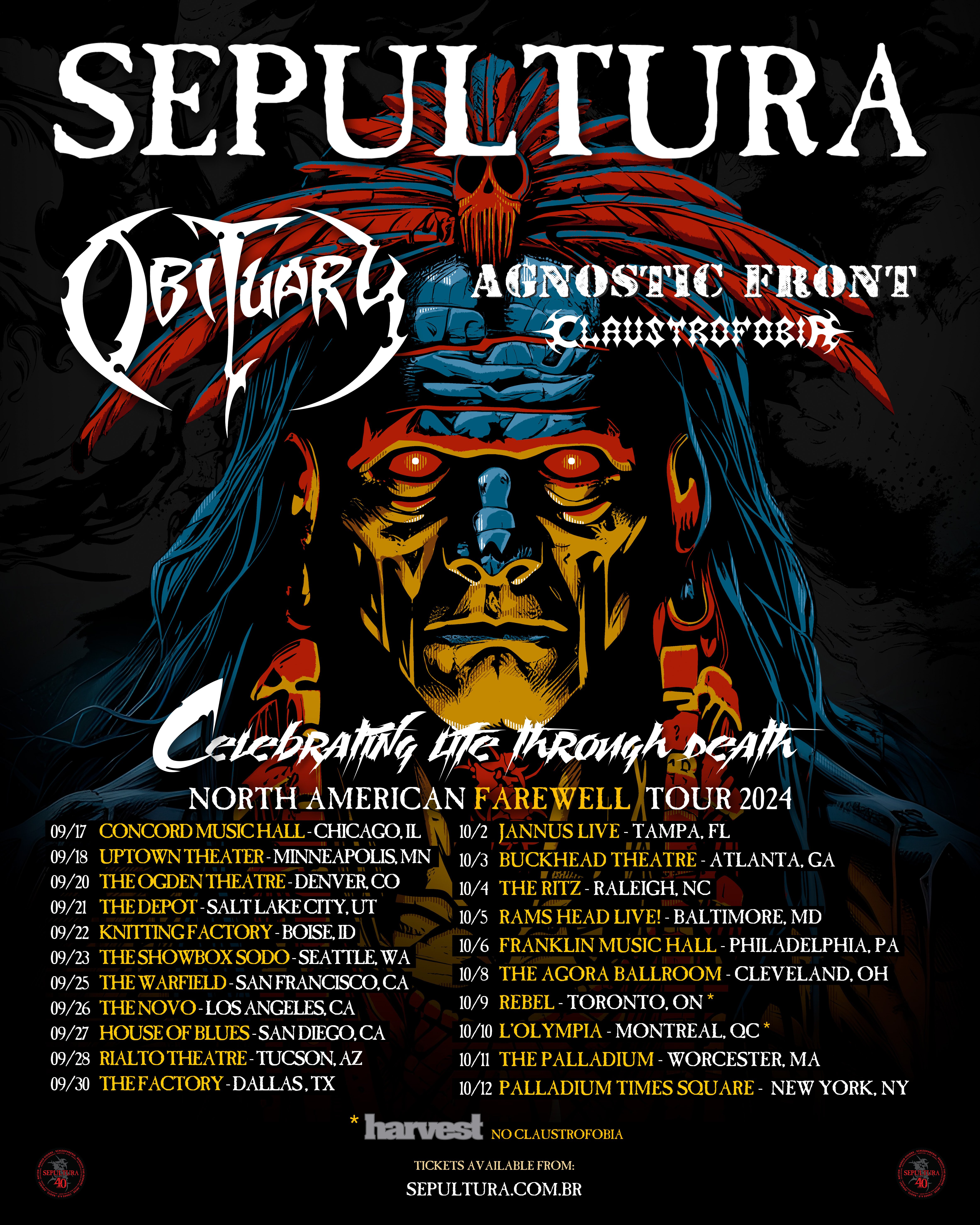 Sepultura’s Farewell Tour Coming to the U.S. This Fall with Obituary, Agnostic Front, Claustrofobia