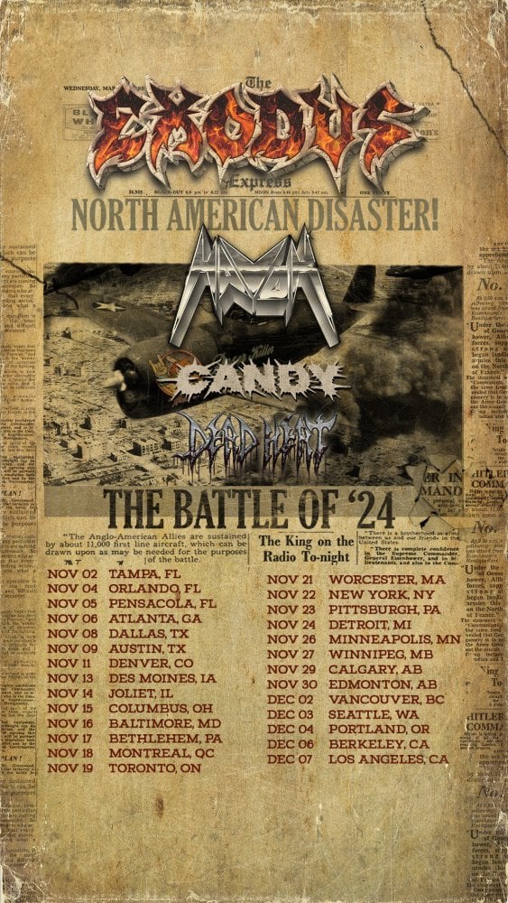 Exodus Announce “Battle of ’24 Tour’ with Havok, Candy, and Dead Heat